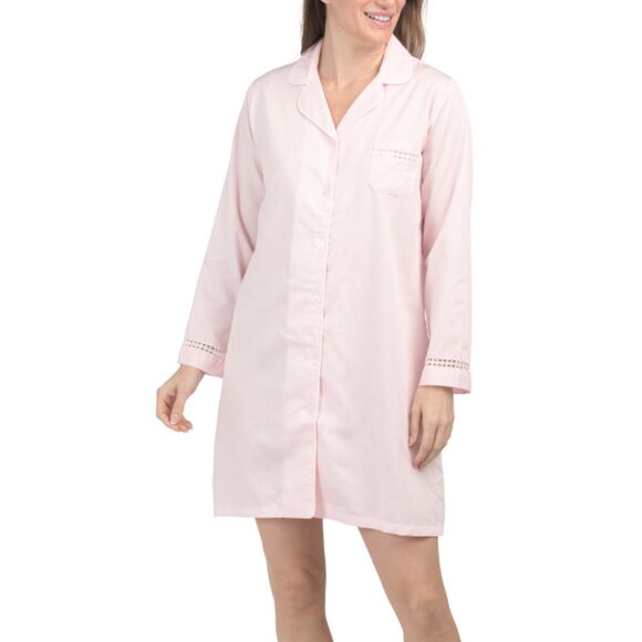 MARELLE Pink Pima Cotton Madison Long Sleeve Woven Night Shirt